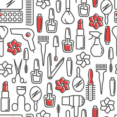 Cosmetics, make up and beauty accessories seamless pattern with thin line icons. Vector illustration.