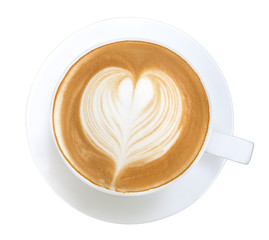 Top view of hot coffee cappuccino latte art heart shape foam isolated on white background, clipping path included