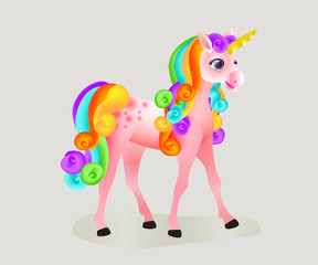 Cute cartoon unicorn with a rainbow mane and a tail. Isolated image. Vector illustration