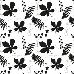 Vector floral seamless pattern with  chestnut tree , ivy and fern leaves outlines.