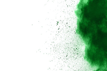 Freeze motion of colored powder explosion isolated on white background.