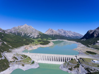 Aerial view over Cancano lake in Valtellina