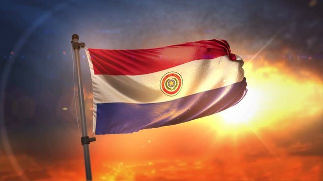 Paraguay Flag Backlit At Beautiful Sunrise Loop Slow Motion 4K