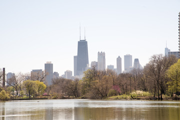 Hazy view of the Chicago skyline in the distance, with the Lincoln Park pond in the foreground.