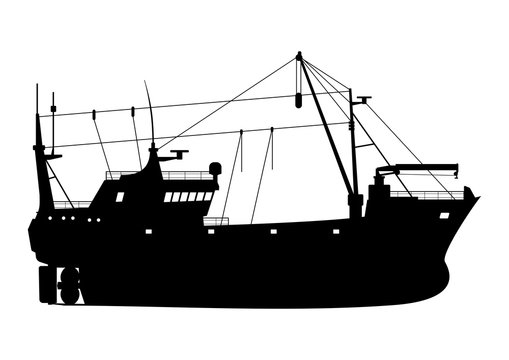 Silhouette of a fishing trawler. Side view. Flat vector.