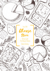 Cheese top view frame. Vector illustration with a collection of cheese. Engraved style image. Dairy farm products cheese.