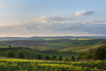 South Moravia landscape and farmland during sunset
