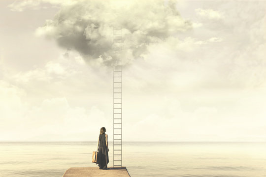 Surreal moment of a woman standing in front of a ladder go above a cloud