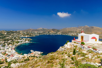 Fototapeta na wymiar The picturesque coastline of Agia Marina village, Leros island, Dodecanese, Greece