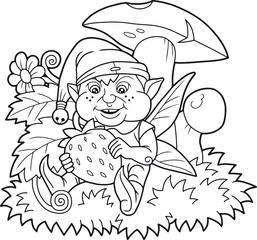Cartoon funny elf about to eat a berry