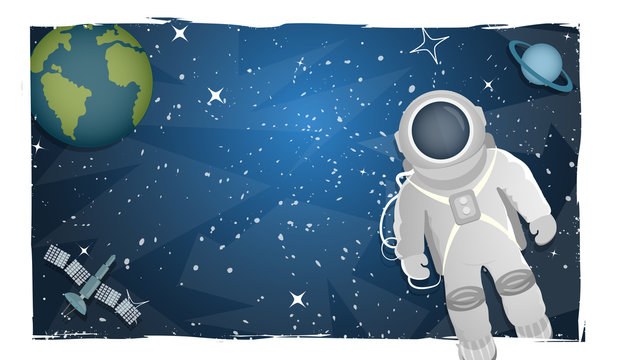 Vector illustration of an astronaut in space on a background of planets with space for text