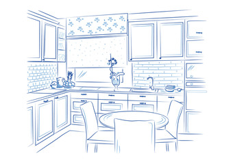 Hand drawn kitchen interior sketch design. Vector illustration