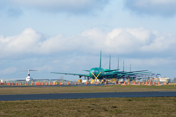 EVERETT, WASHINGTON, USA - JAN 26th, 2017: Brand new Boeing 787 Dreamliner with no engines and paintinnnng waiting to be completed and for a successful test flight at Snohomish County Airport or Paine