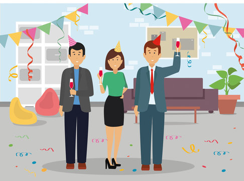 Office party. Business people in celebrating hats and red wine. Holiday corporate dinner and buffet. Office with decoration concept illustration vector.