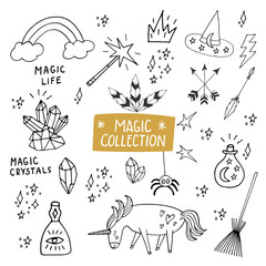 Cute magic collection of handdrawn elements isolated on white. Vector illustration with hand drawn lettering. - 162770613