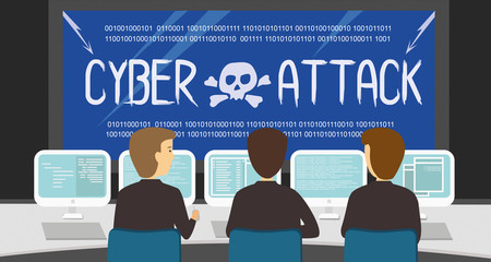 Cyber Security People protecting desktops from Cyber Attack. Computer network protection internet security conceptual illustration vector