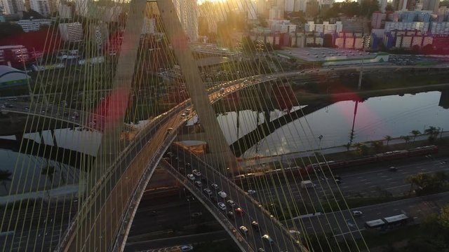 Sunset on Estaiada Bridge in Sao Paulo, Brazil