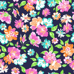colorful flower mix on navy background - seamless background