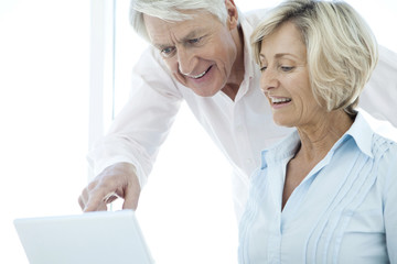 Happy retired senior couple using laptop together