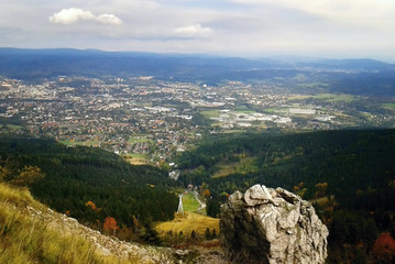 Fototapeta na wymiar Jested, Czech republic - october 06, 2012: big stone on top named Jested above Liberec city at autumn