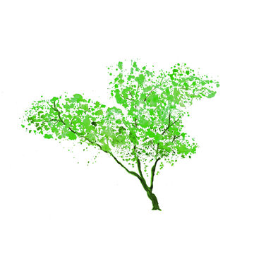 Green tree silhouette, handdrawn watercolor splashes, isolated on white background. Raster illustration