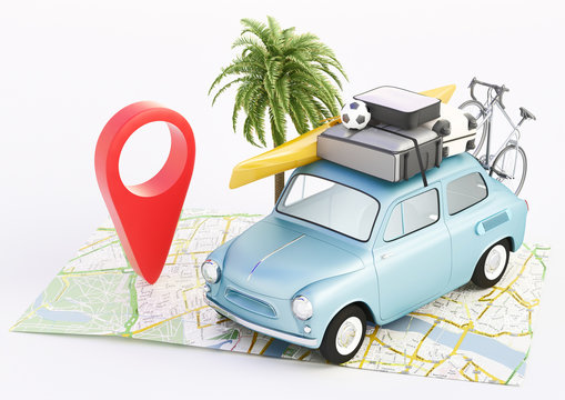 Vacanze, carta geografica con automobile in viaggio, render 3d