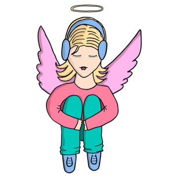 Girl-angel in headphones listens to music with closed eyes and hugging his knees. Head over to the halo. on the back wings. Vector isolated image. Cartoon style character.