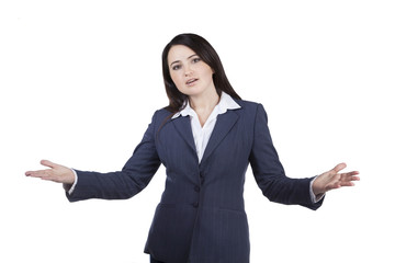 Beautiful woman holding a presentation. Gestures with his hands. Standing in a studio on a white background