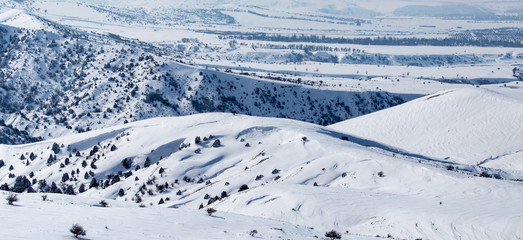 Fototapeta na wymiar White snow in the steppes of Kazakhstan in winter