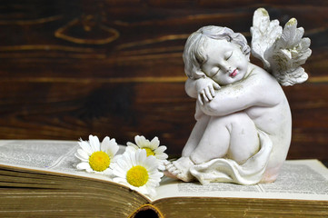 Angel, white flowers and book on wooden background