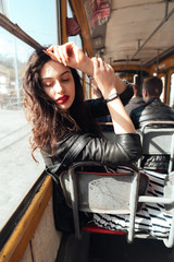 Woman traveling inside the tram