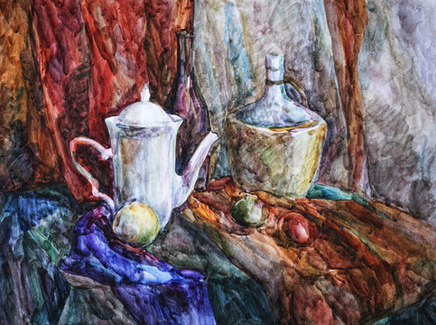 Watercolor sketch of the still life staged