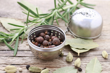 Mixed pepper corns and rosemary (Rosmarinus officinalis)