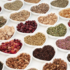 Healthy herb tea collection in china bowls over white background. Teas also used in herbal and chinese medicine.