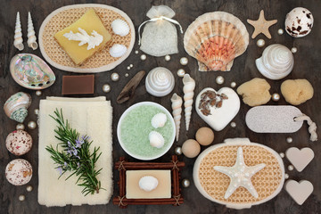 Bathroom and spa products with rosemary herb, ex foliating scrubs, bath bombs, crystals and soaps,...