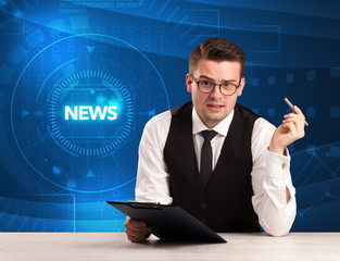 Modern televison presenter telling the news with tehnology background