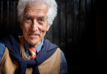 Senior man portrait looking at camera. Kind face. Wearing tie and sweater tied over the shoulders. White curly hair and bright intelligent eyes. Close up with copy space.