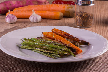 Baked Bean pod, Carrot and Sweet Potato. Rustic meal