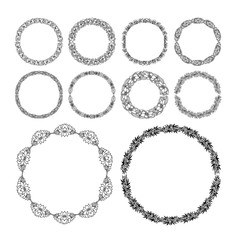 Round doodle border set, perfect lace wedding dress decoration, romantic collection, elegant frame, display of classic floral pattern, vector sketch illustration isolated on white background