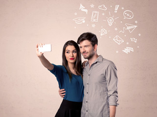 Couple taking selfie with thoughts illustrated