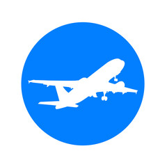 Icono plano silueta avion despegando en circulo azul