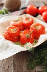 Stuffed tomatoes with rice, corn and vegetables. Dietary appetizer