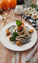 Colorful spaghetti pasta with seafood