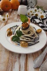 Colorful spaghetti pasta with seafood