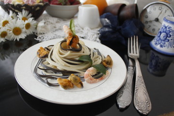 Colorful spaghetti pasta with seafood