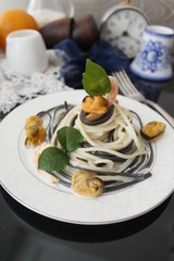 Colorful spaghetti pasta with seafood