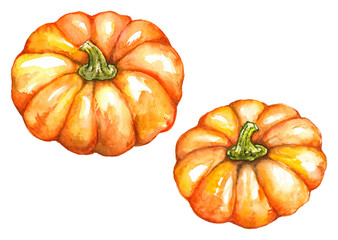 Watercolor orange pumpkin vegetable Jack-o-lantern Halloween set isolated