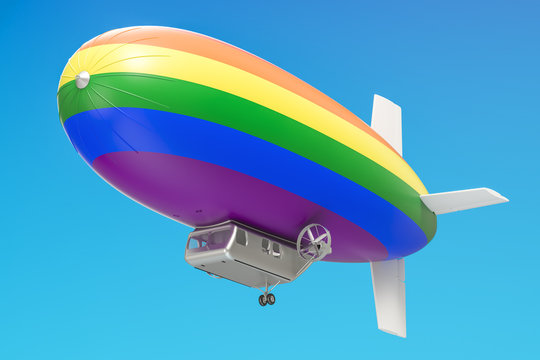 Airship or dirigible balloon with rainbow flag, 3D rendering