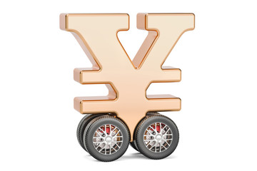 yen or yuan symbol on car wheels, 3D rendering