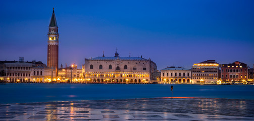 The beautiful and historical city of Venice, Italy as a panorama at night